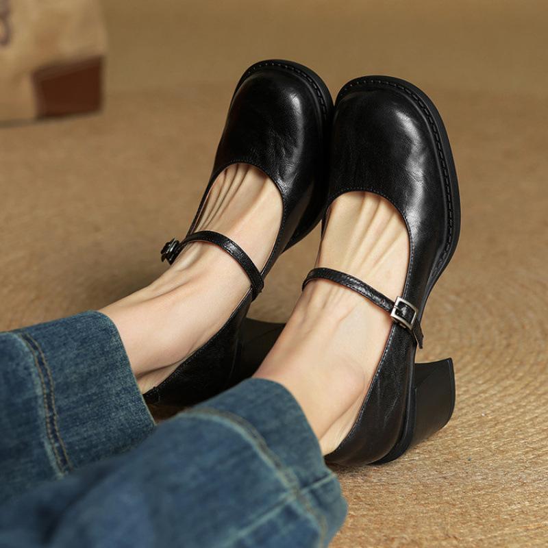 

Удобные туфли на толстом каблуке с пряжкой, повседневные женские туфли из маленькой кожи, новые черные кожаные туфли-лодочки, женские туфли с головкой, большого размера, на среднем каблуке 40 чёрный