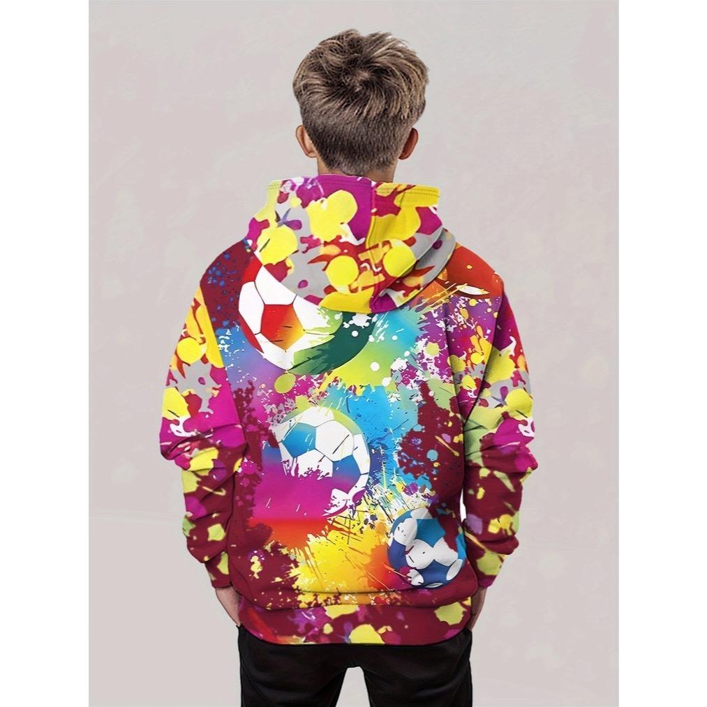 Boys' 3D digital printed splash football pattern hooded sweatshirt with bright color block design