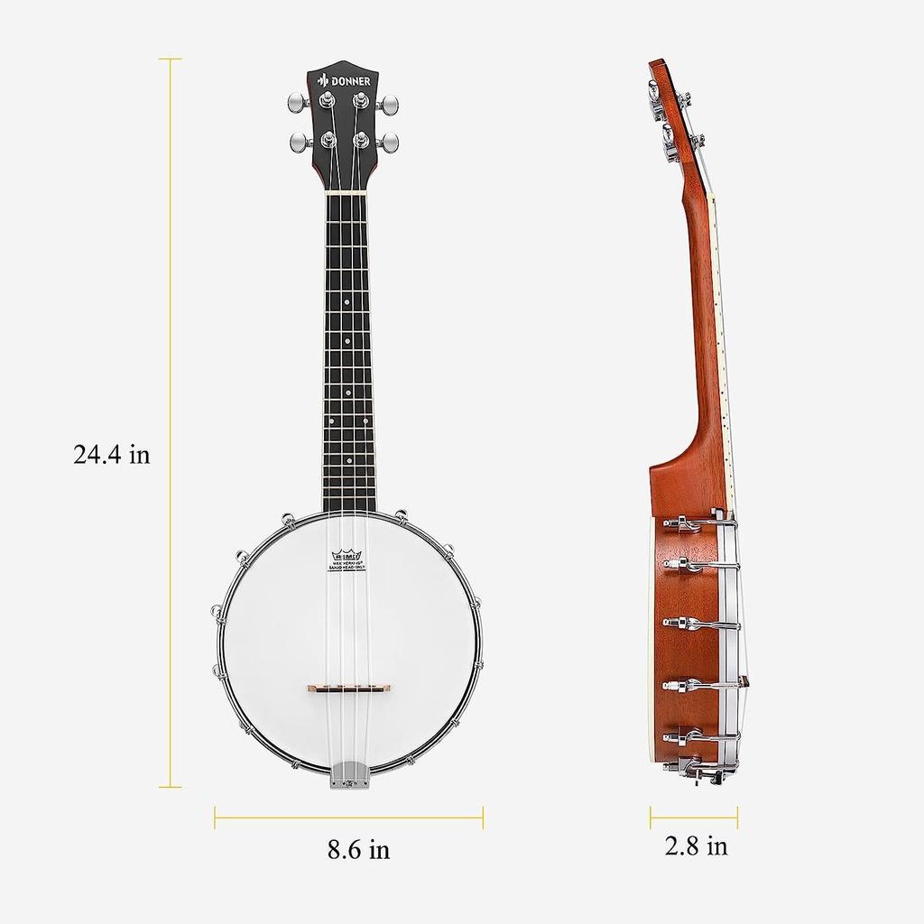 Donner Banjo-Ukulele, Konzert, 4 Saiten, 58,4 cm, Korpus aus Sapele, Remo-Kopf, Stimmgerät, Tasche mit Ersatzsaiten