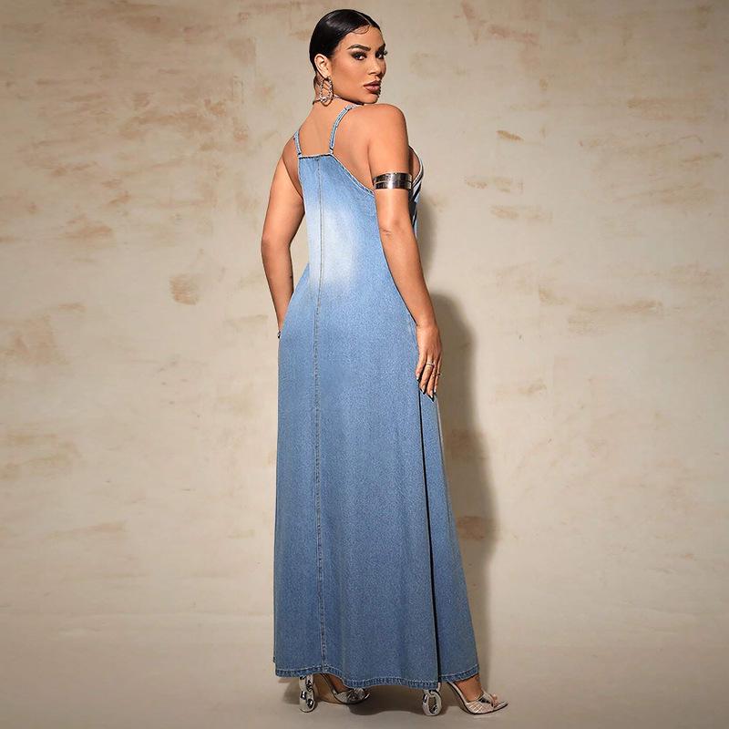 Plus Size Women's Denim Strappy Long Dress