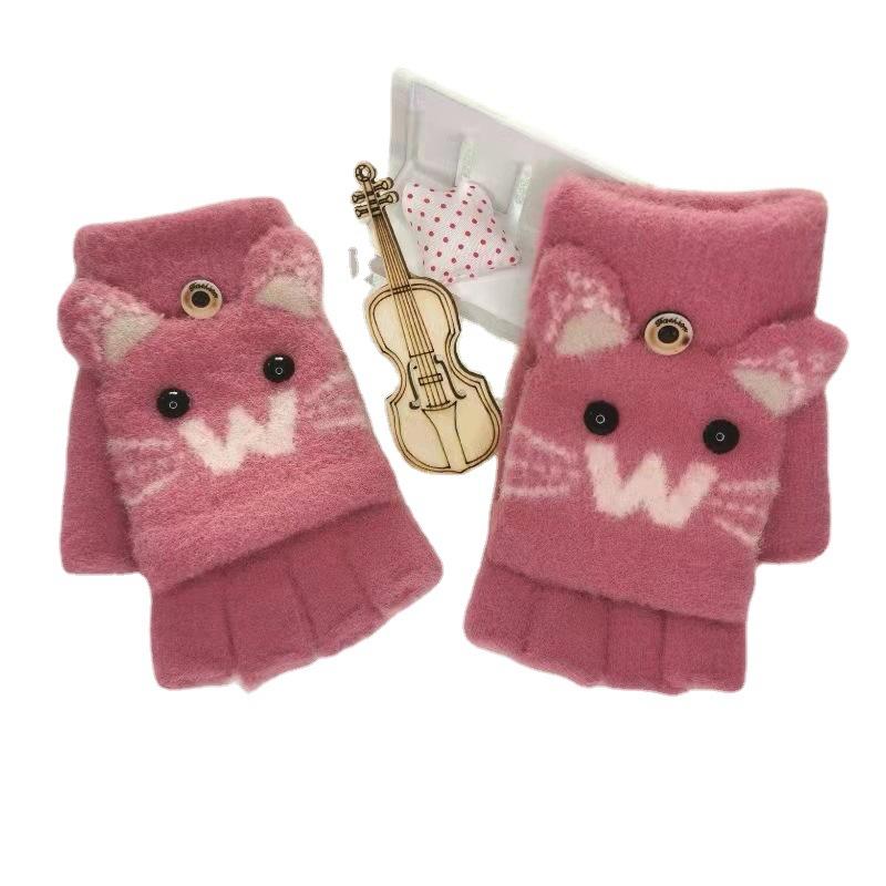 Dětské zimní teplé a proti omrzlinám ruce roztomilé kreslené pletené rukavice bez prstů s odklápěcím palčákem pro chlapce a dívky, starší děti a studenty