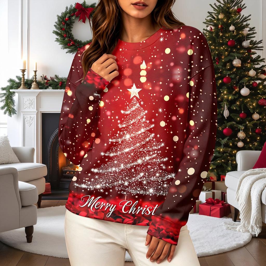 Women's Casual Long Sleeve Christmas Graphic Crewneck Sweatshirt Pullover Top for Holiday Wear