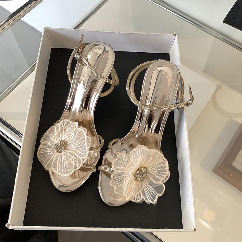 Sandals Summerbeautiful Rhinestone Flowerskirt-Matching Fairy Style Silver Ankle Strap Thin Heel High Heels
