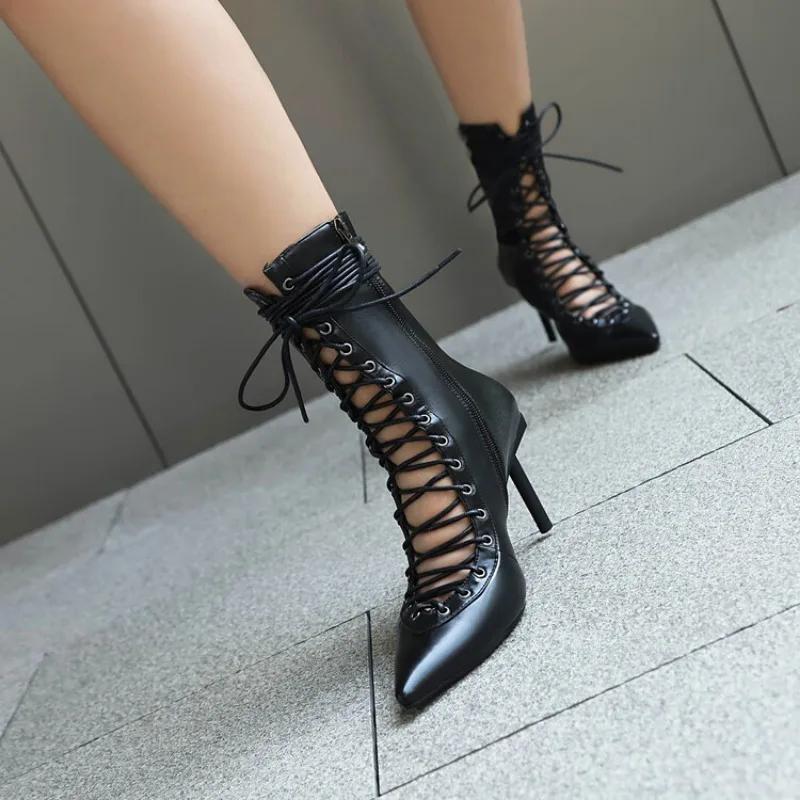 Fashion Brand Design Cross Strap Black and Red Short Boots Autumn Winter Fashion Pointed Spicy Girl Sexy Women's Ankle Boots Size 33-46