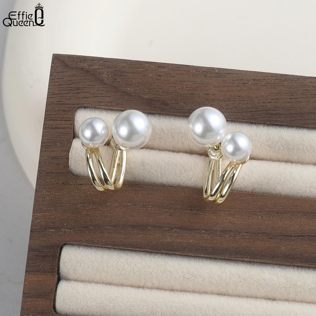 Effie Queen Genuine 925 Silver 14k Gold Geometric Shell Pearl Stud Earrings Simple Jewelry for Women Banquet Party Gift PSE05