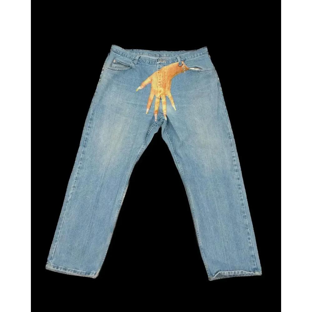 

Вуличний одяг Джинси Y2K Готичний Хіп-хоп Принт з графікою пальців Ретро Сині Мішкуваті джинси Чоловіки Жінки Мода З високою посадкою Широкі штанини XXL