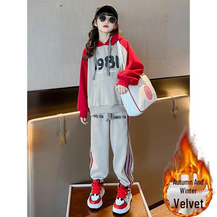 Девочки, Пограничный Флисовый Худи Комплект - Осенне-Зимний Стиль, Средний/Большой Детский, Толстый Повседневный Спортивный 2-Piece 110 cm