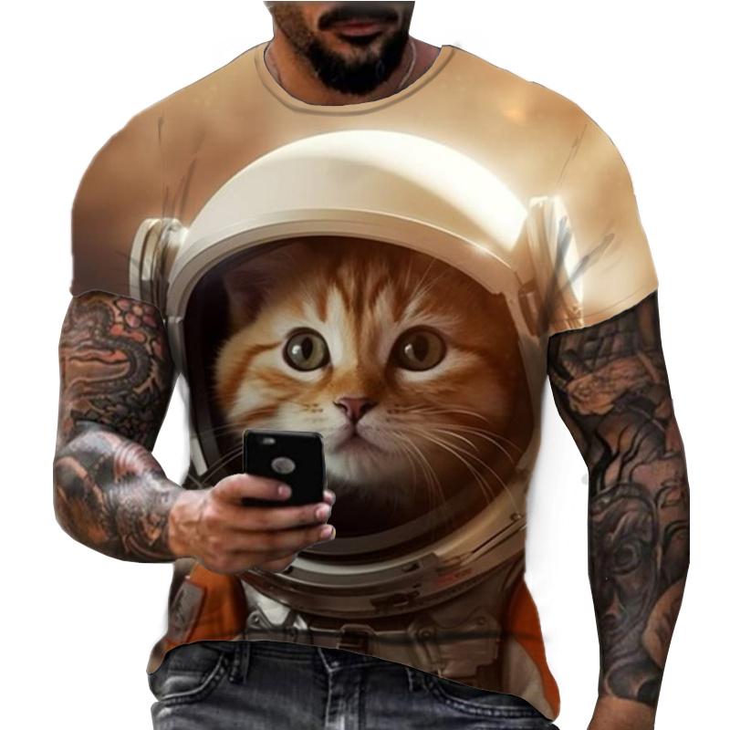 Sommer Rundhals Cooles Astronauten Katze Muster 3D Druck Top Modische Lässige Kurzarm Herren T-Shirts