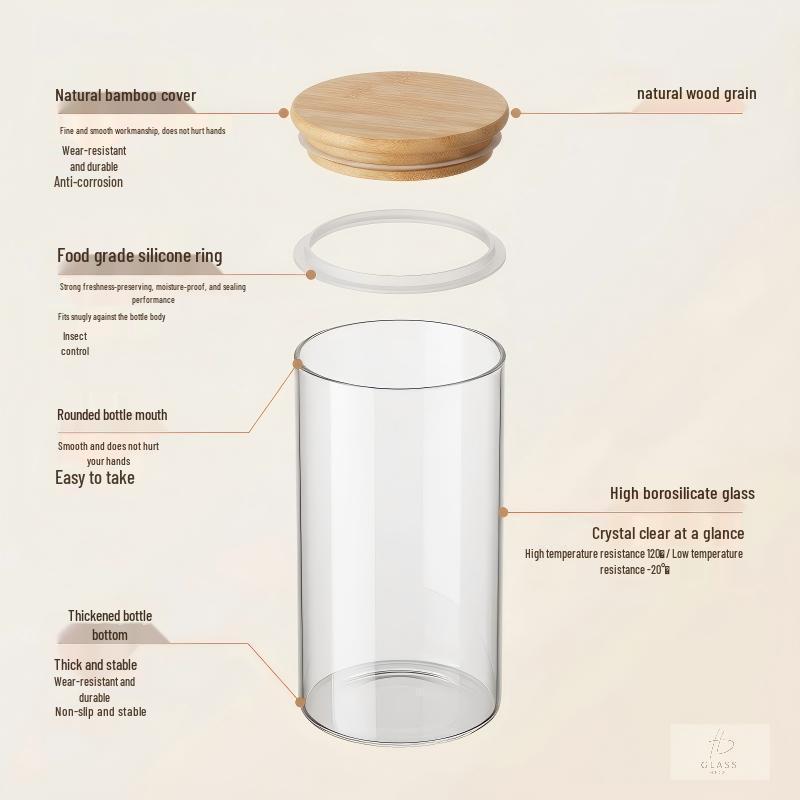 Large Capacity Bamboo Wood Lid Glass Jar - Food Grade, High Borosilicate, Moisture-Proof Storage