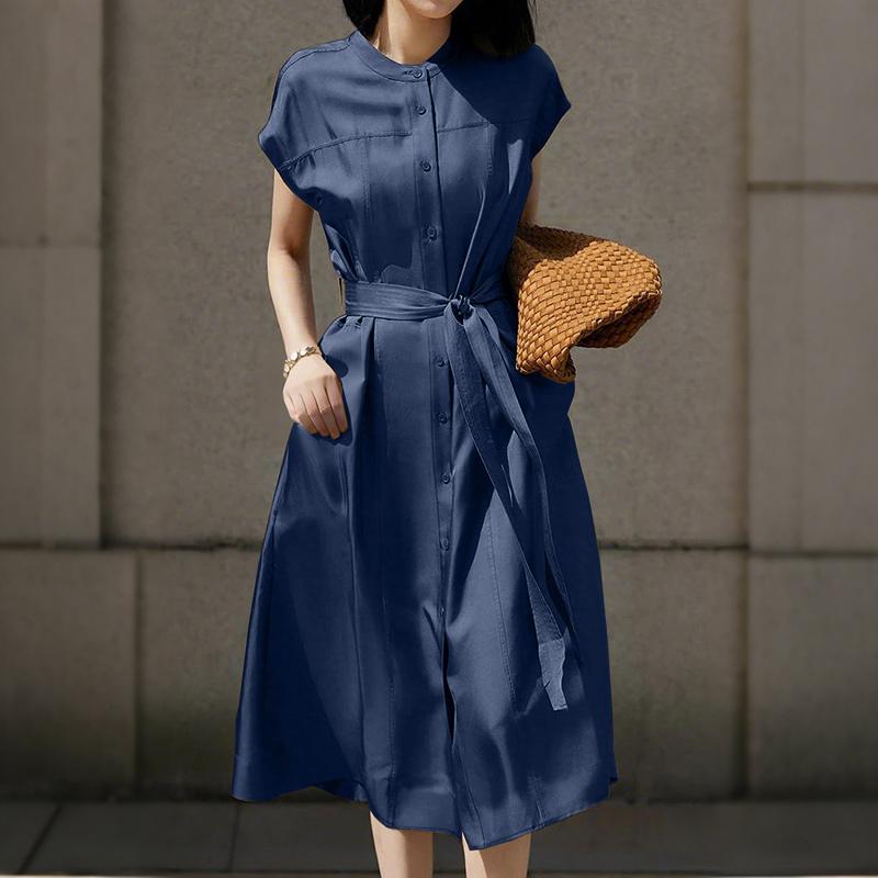 ZANZEA Women Casual Round Neck Solid Color Loose Short Sleeve Dress