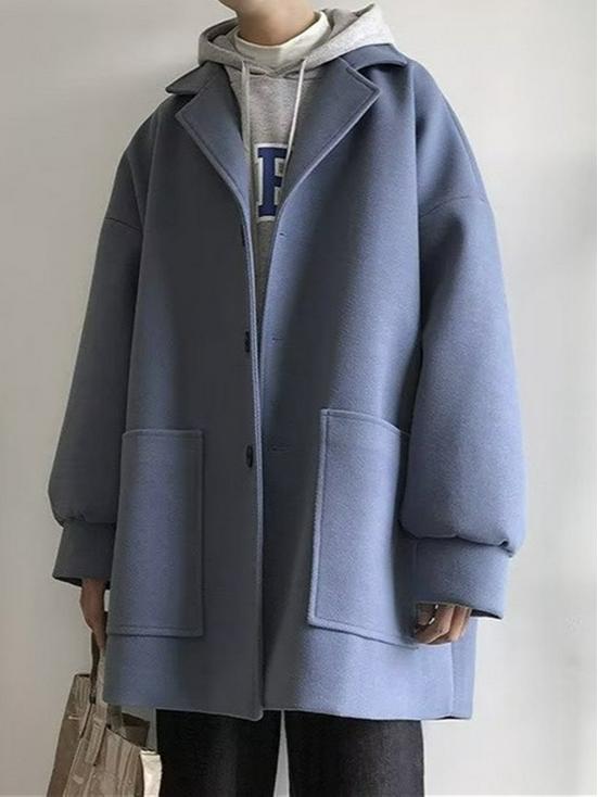 Men's Trendy Mid-Length Wool Coat - Loose Fit, High-End Single-Breasted for Autumn & Winter