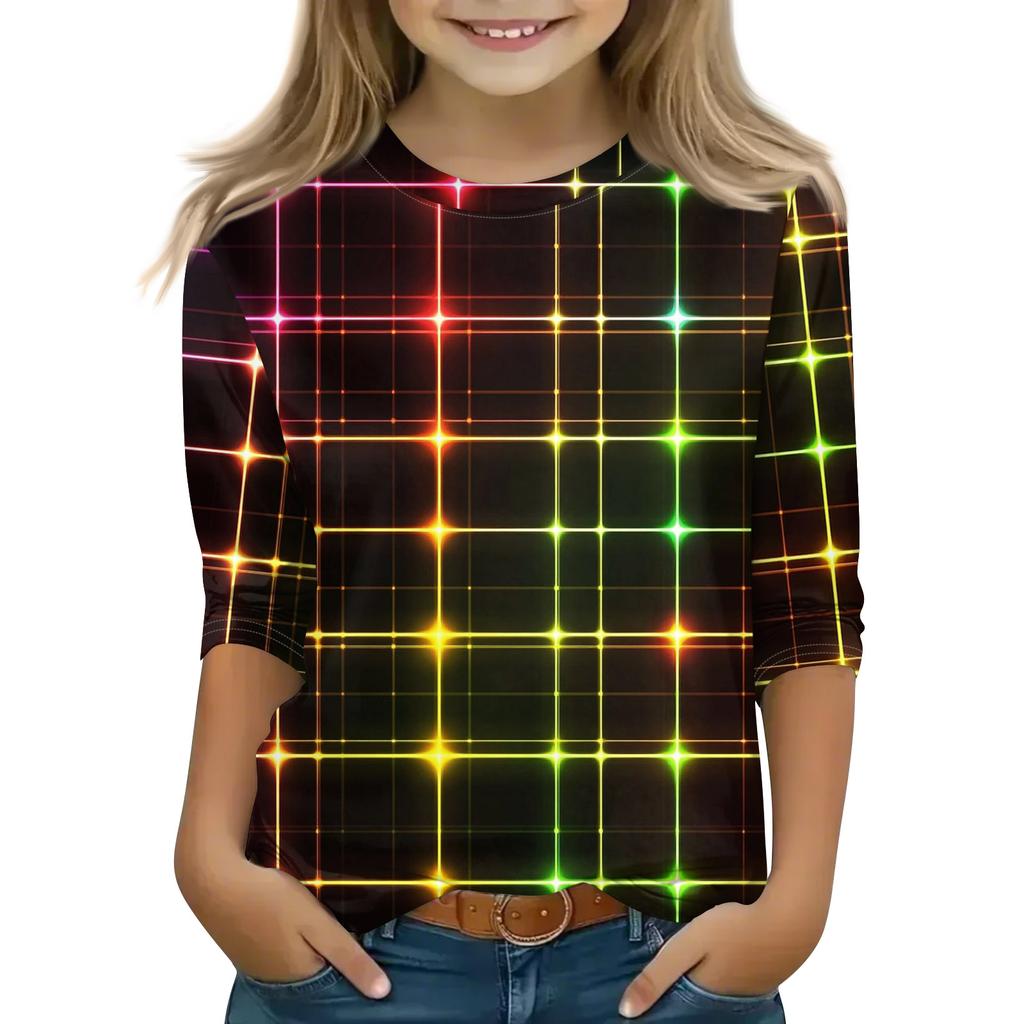 Print Tops For Youth Girls Round Neck 3/4 Sleeves T-Shirts Trendy Tops Outfit Tees