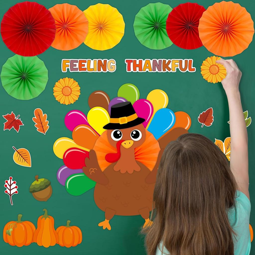 Ceiba Tree Thanksgiving Bulletin Board Decorations with Paper Fans Thankful Turkey Bulletin Board Classroom Decorations Set Leaves Pumpkin Cutouts