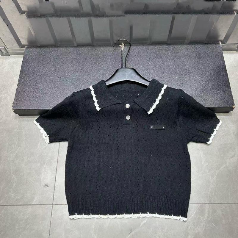 Miu Style 2026 Early Spring Black Label Hollow Lapel Knit Top - Age-Reducing, Casual, Versatile Short Sleeve