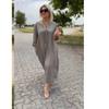 Women's Summer Cotton Linen Maxi Dress V Neck Long Sleeve Loose Fit Solid Color Casual Daily Vacation Dress