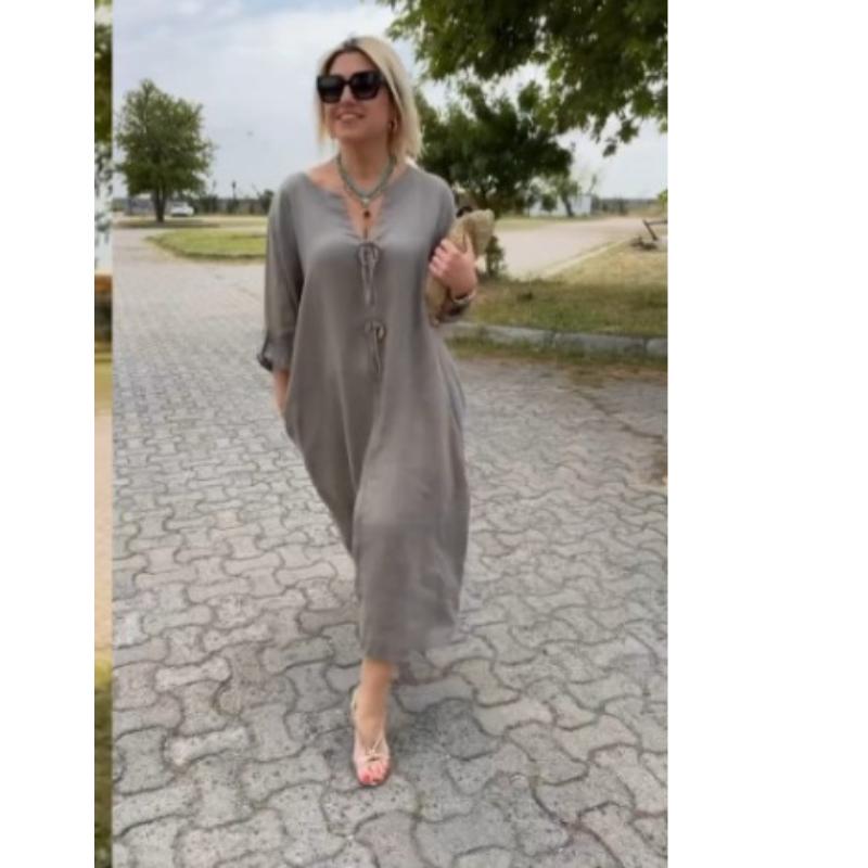 Women's Summer Cotton Linen Maxi Dress V Neck Long Sleeve Loose Fit Solid Color Casual Daily Vacation Dress