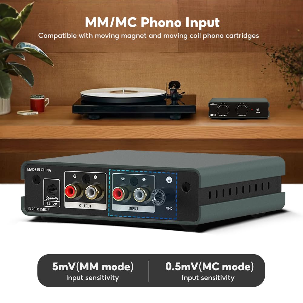 AIYIMA T3 PRO RIAA Phono Preamplifier for HiFi Professional Phono Graph Preamplifier with 39dB Volume and AC Power MM/MC Turntables/Record