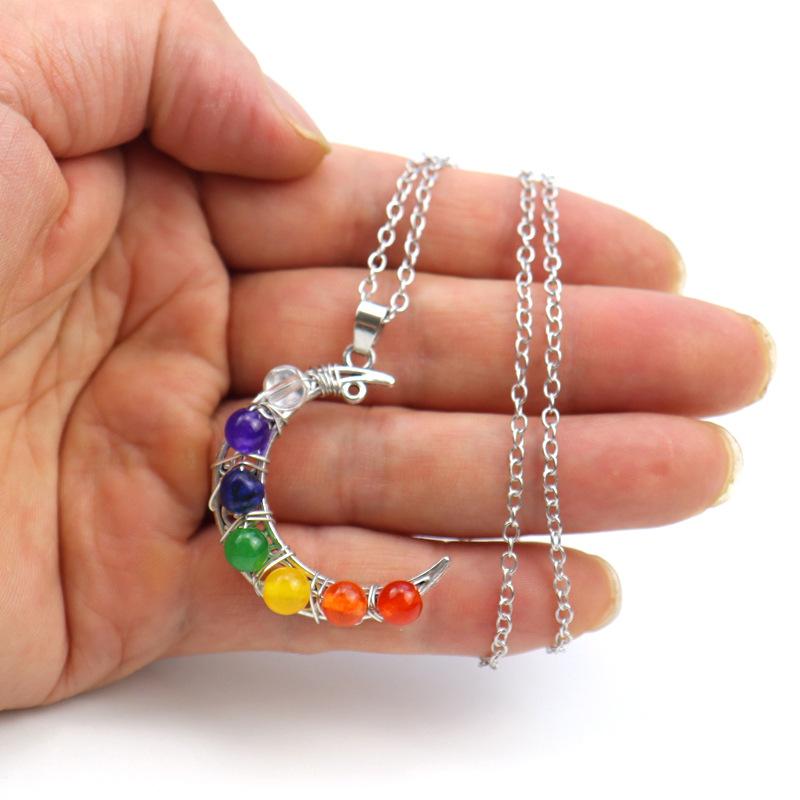 Vintage Handmade Colorful Beads Agate Beads Crystal Beads Moon Pendant Necklace N552