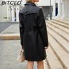 BITCED Long-Length Leather Coat Spring/Autumn Long-Sleeved Leather Trench Coat Stylish British-Style Outerwear Polo Neck Single-Breasted
