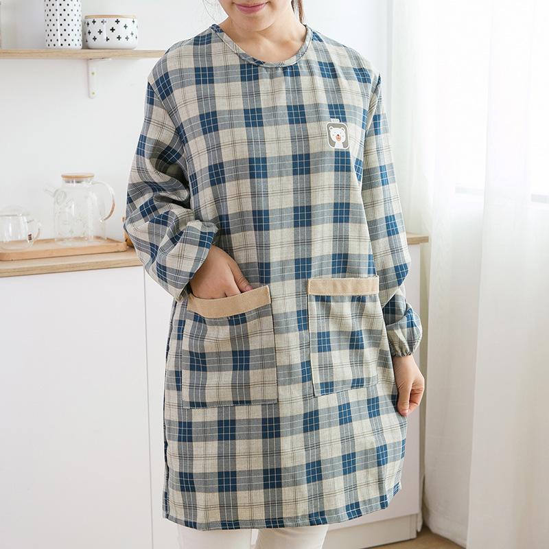 Japonská kostkovaná zástěra s medvědem, voděodolná: Otočný, Odolný proti skvrnám Kuchyňský ochranný oděv