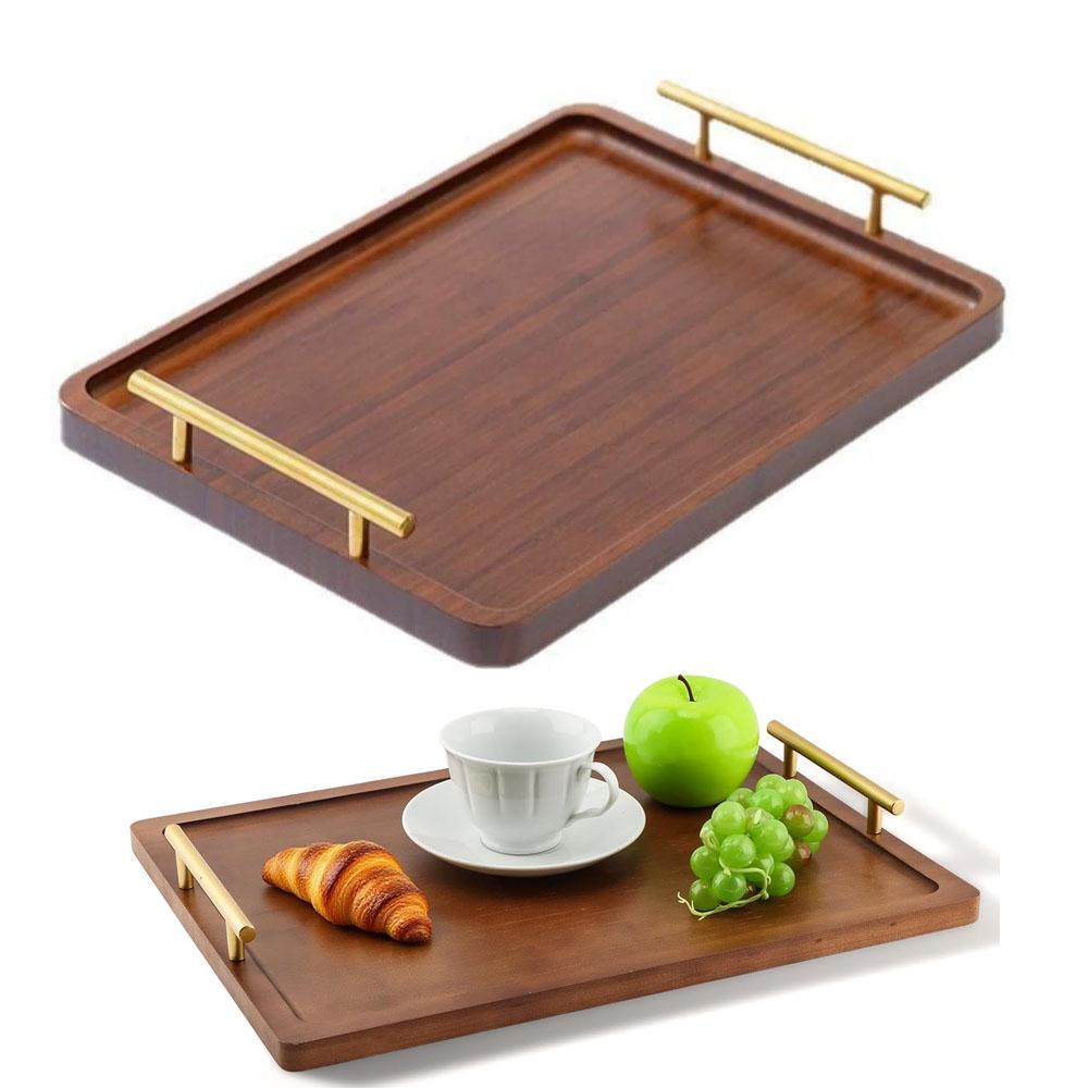 Food Drinks Tray Wooden Serving Tray with Metal Handles for Coffee Table Breakfast Dinner Kitchen Parties Decorative Tray