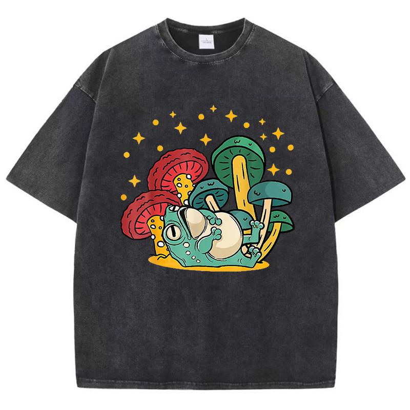 Pilz Cottagecore Ästhetik Frosch Aufdruck Gewaschenes T-Shirt Damen Sommer Locker T-Shirt Street Kurzarm Kleidung