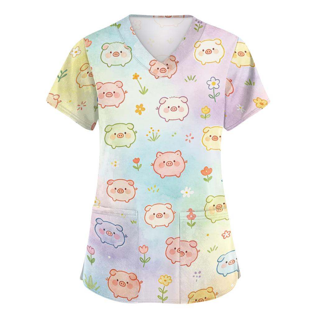 Damen V-Ausschnitt Kurzarm Arbeits-Top mit Taschen Tierprint Professionelle Uniform Pflegekittel für medizinisches und Pflegepersonal