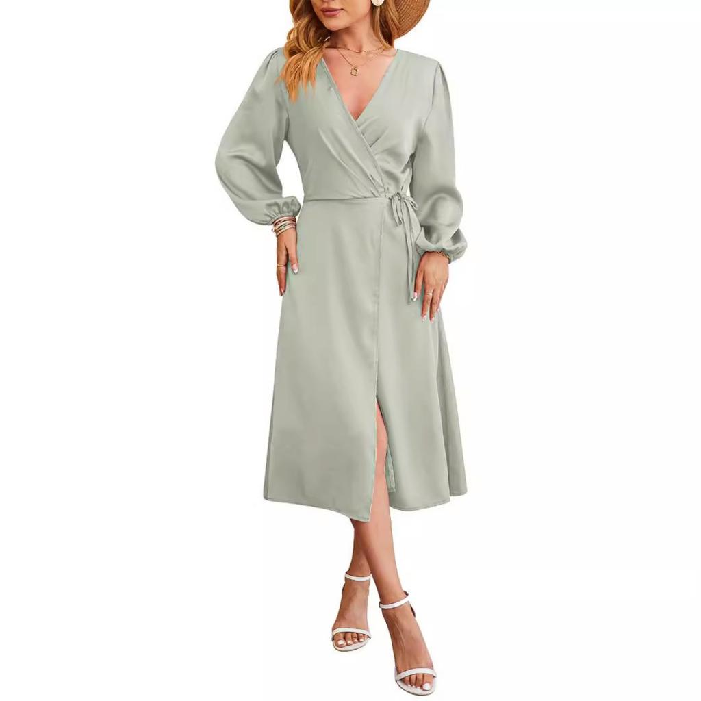 Spring Summer Women's Satin Solid V-Neck Slit Hem Sexy Dress, European American Style Casual Elegant Party Dress