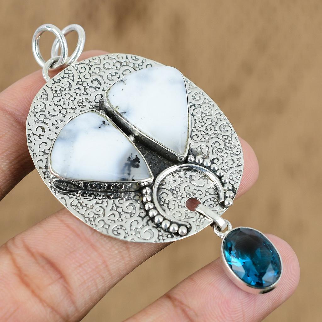 Dendrite Opal Stone Swiss Blue Topaz Wedding New Pendant Jewelry Sterling Silver