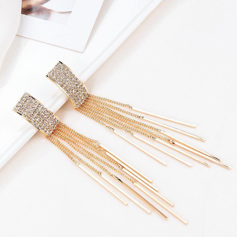 New Gold Color Long Crystal Tassel Clip On Earrings Without Piercing  for Women Wedding Brinco Fashion Jewelry Gifts
