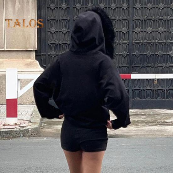 Casaco de inverno feminino com capuz de pelúcia, estilo high street, cardigan com zíper, capuz com bolsos com zíper, cor sólida, quente, solto, agasalho