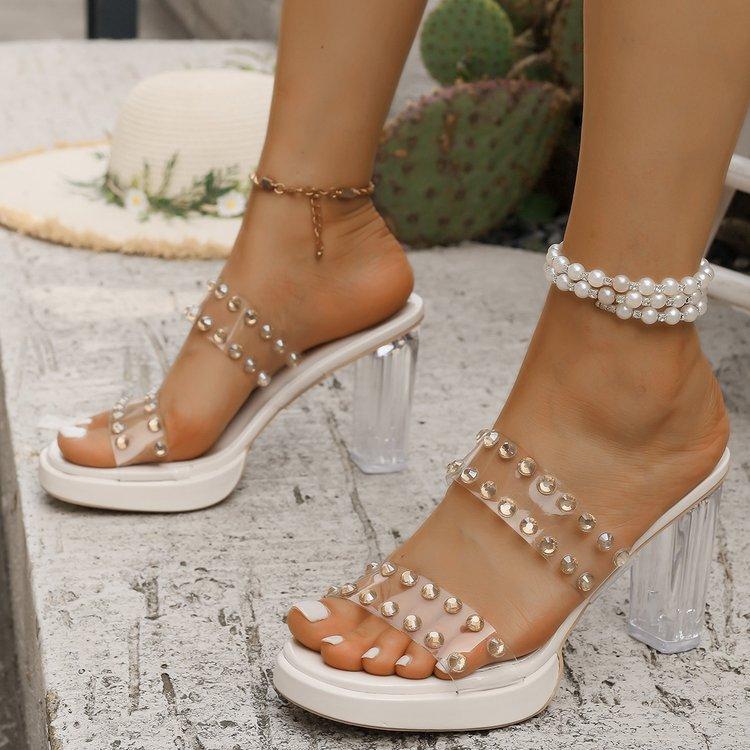 High-heeled Cool Slippers, Summer New Crystal Fashion Rhinestone Transparent One-word Cool Slippers