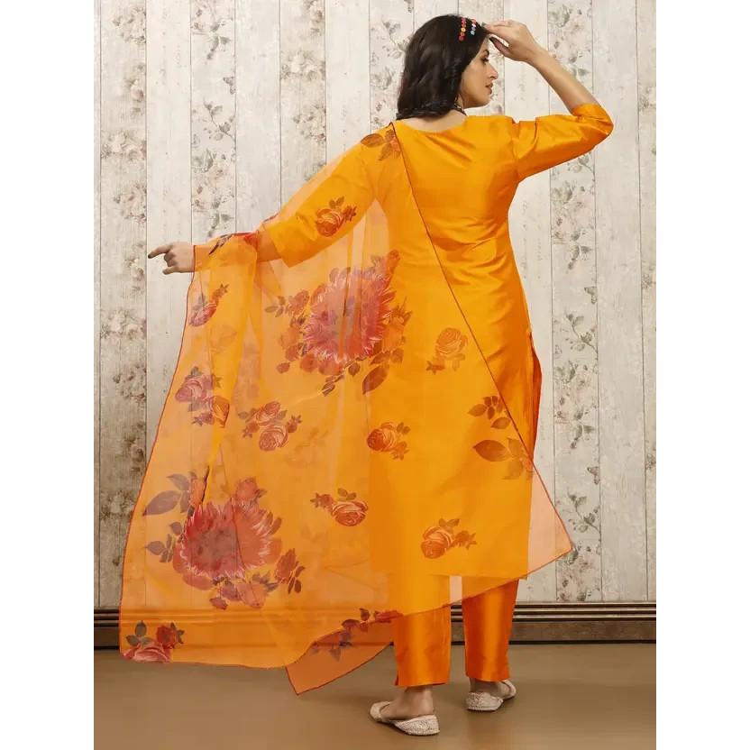 Indian Pakistani Art Silk Salwar Kameez Bollywood Women Kurti Pant Dupatta Set