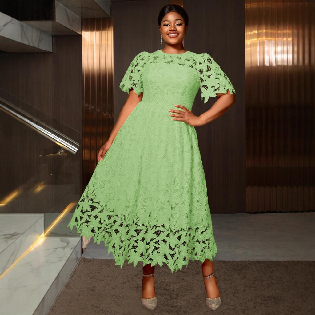 Plus Size Dames Elegante Kant Midi Jurk, Ronde Hals Uitgesneden Taille Ingesnoerd Feest Cocktail Avondjurk