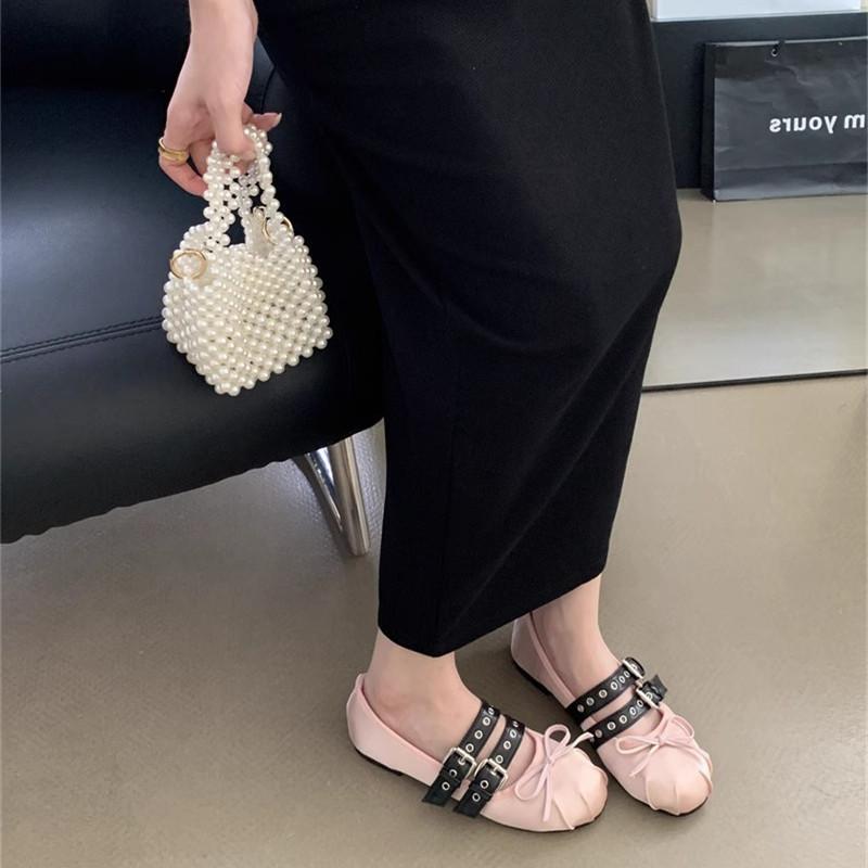 Sweet Bow Design Brand Ballet Flats Women High Quality Satin Round Toe Buckle Mary Jane Shoes Fashion Comfort Soft Bottom Sandal