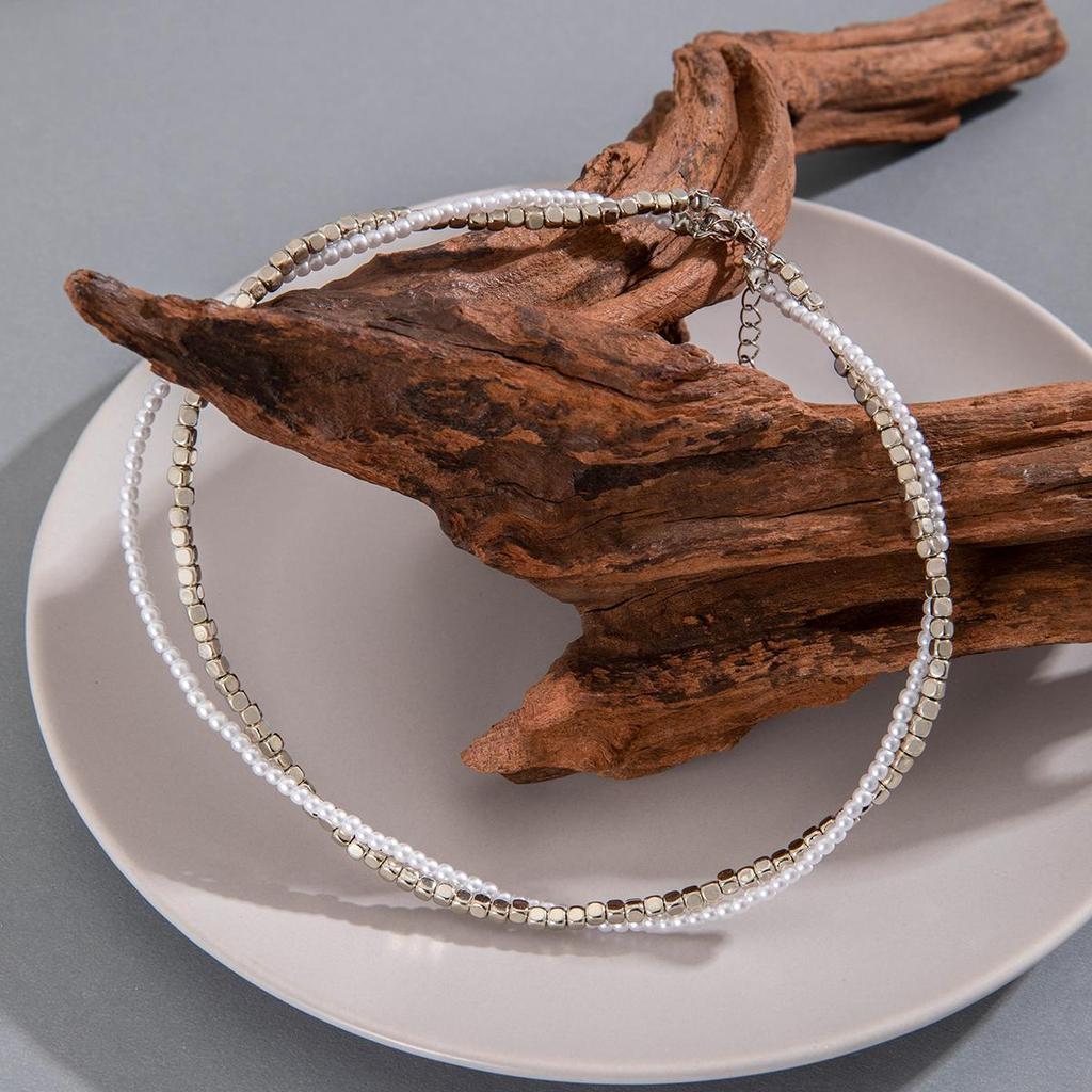 Minimalist Japanese and Korean Style Fresh Imitation Pearl CCB Versatile Bead Necklace, Square Candy Round Bead Necklace, Neck Chain, Women's Jewelry