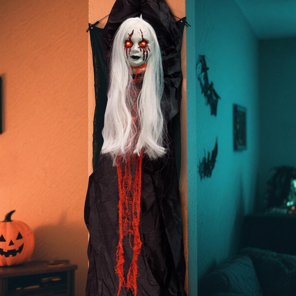 Halloweenská dekorace Závěsná čarodějnice kostra , Strašidelná létající pro venkovní halloweenské dekorace, Ponurý žnec se svítícíma očima pro dekoraci strašidelného domu, Pati