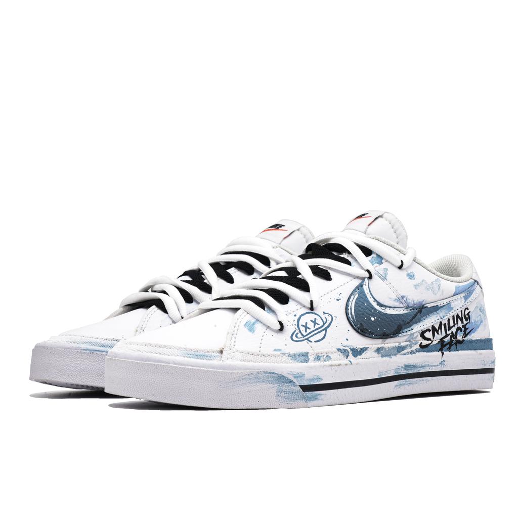 Nike Court Legacy Planet Smiley Face Slip Resistant Low Top Skateboard Shoes Unisex Blue White DH3162-100(Team1047-)