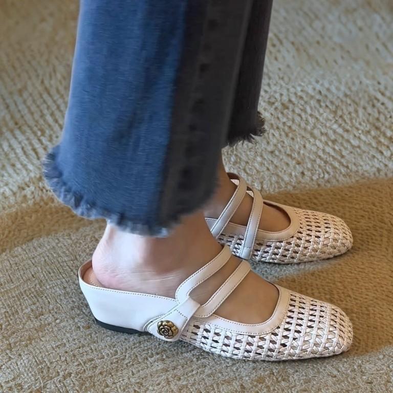 Platform Slippers Low Heel Thick Heel Single Shoes French Woven Hollow Mary Jane Shoes Women's Summer Retro Hole Sandals Women