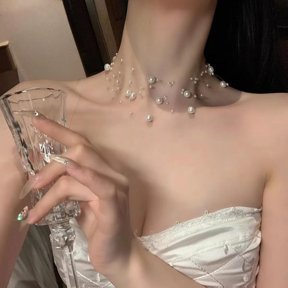 Luxury White Pearl Necklace Adjustable Length Multi-Layer Sweater Chain Women's Jewelry Necklace