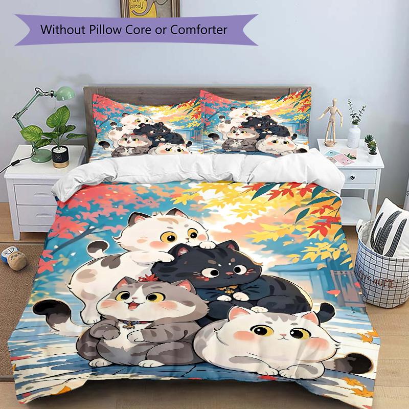 

3pcs Four Cute Lucky Cats Pattern Bedding Three-Piece Set (1 Cover + 2 Pillowcases, No Fillings),Soft and Comfortable N038 135x200cm