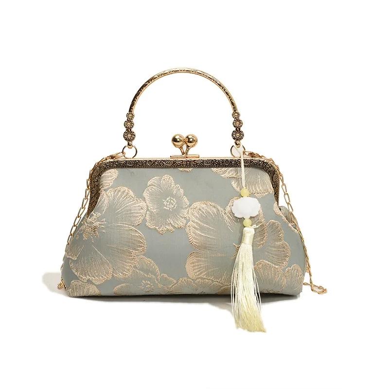 Vintage Embroidered Shoulder Bag Elegant Retro Tassel Small Square Wedding Party Handbag Luxury Designer Women Evening Clutch
