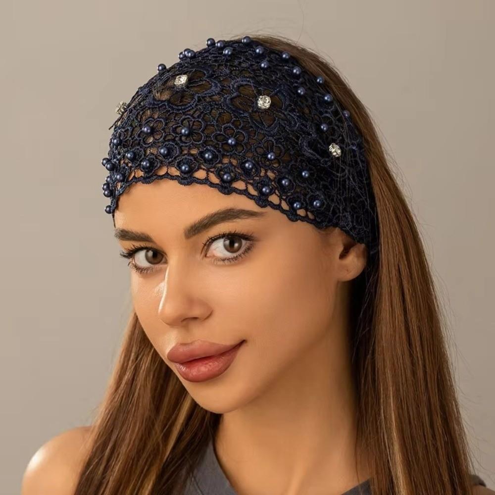 Crystal Pearl Floral Beaded Headbands Lace Hollow Pattern Plum Blossom Headband Stretchy Breathable Baotou Hat Hair Accessories