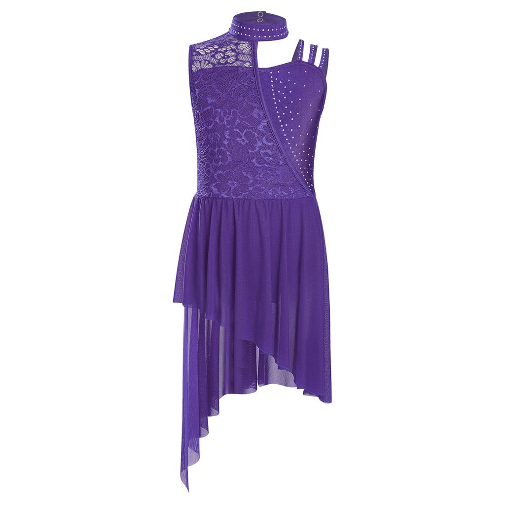 Dívčí bez rukávů s rolákem asymetrickým ramenem květinová krajka kamínky nepravidelný lem body šaty lyrika taneční oblečení