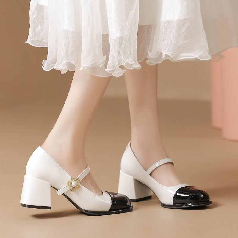 Splicing Color Thick Heel Mary Jane Word with High Heels Not Tired Feet Single Shoes Women's Evening Shoes