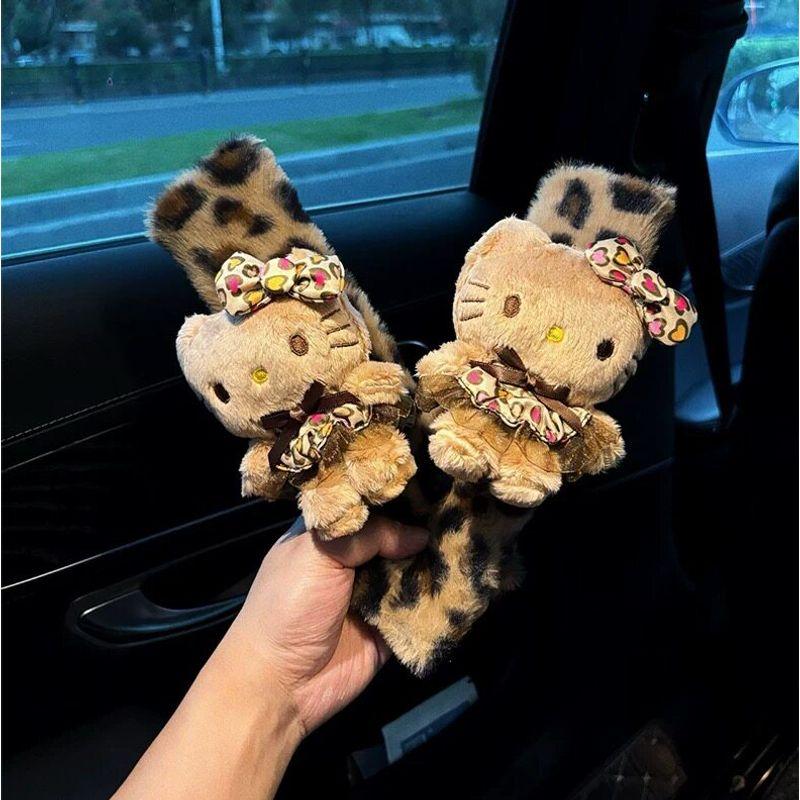 Melard Leopard Print Kitty Cat Plush Car Seatbelt Shoulder Pad Car Interior Decoration Anti-Neck Strain Protective Cover