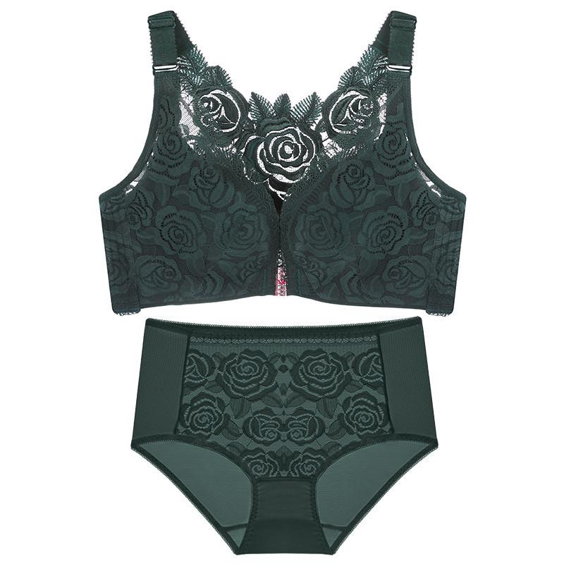 Front Buckle Rose Beautiful Back Plus Size Bra Set Big Breasts Small Gathering Underwear Women's Upper Support Adjustable Bra