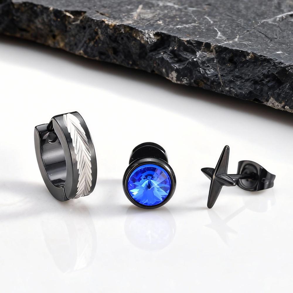 3pcs Black Stainless Steel Stud Earrings for Men,Anti Allergy Blue Crystal Zircon Stud Earrings,Piercing Earring Jewelry Set
