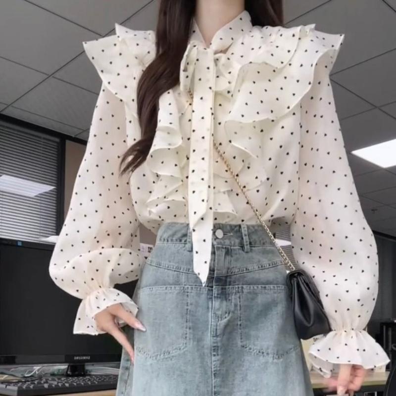 

Женская рубашка в горошек с принтом листьев лотоса, универсальный топ с рукавами-трубами для женщин, пуловеры со шнуровкой и бантом XXL абрикосовый