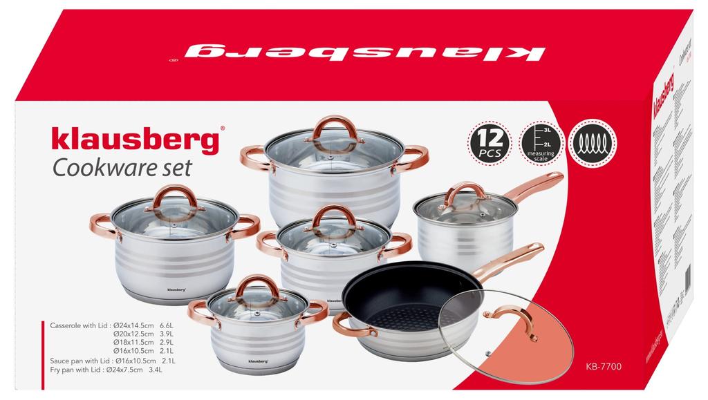 Zestaw garnków stalowych 12 ele. 2.1/2.1/2.9/3.4/3.9/6.6L KLAUSBERG KB-7700
